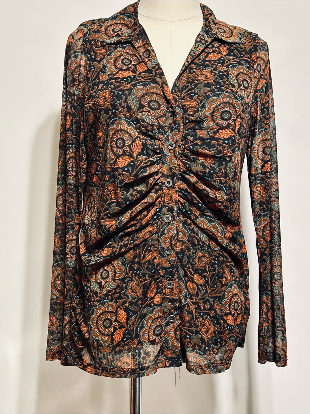 Jane and Delancey Black and Rust Floral Ruched Button-Front Blouse